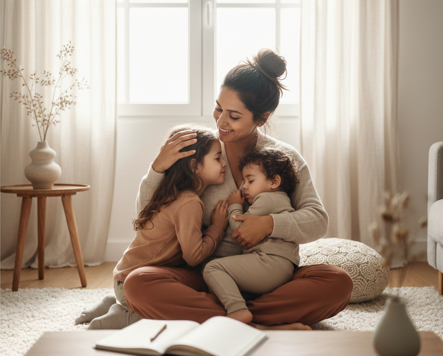 Maman, mère souriante avec ces 2 enfants contre elle, dans une parentalité proximale